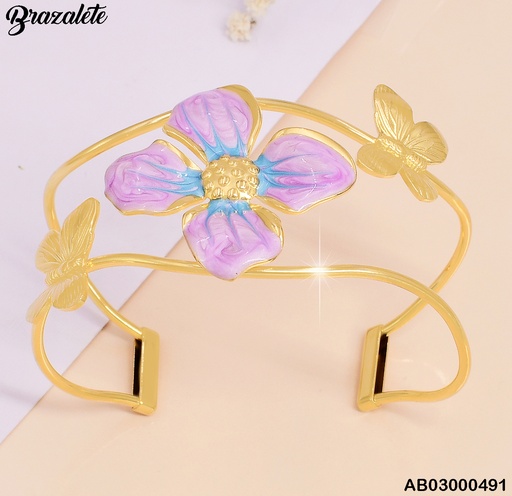 [AB03000491] BRAZALETE ESMALTADO 2 LINEAS CENTRO FLOR MORADA/🦋🦋 BA169-45