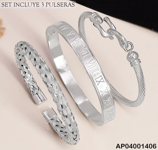 [AP04001406] PULSERAS (3) VARON PLATEADAS TRENZA/NUM.ROM/GARFIO SA443-169
