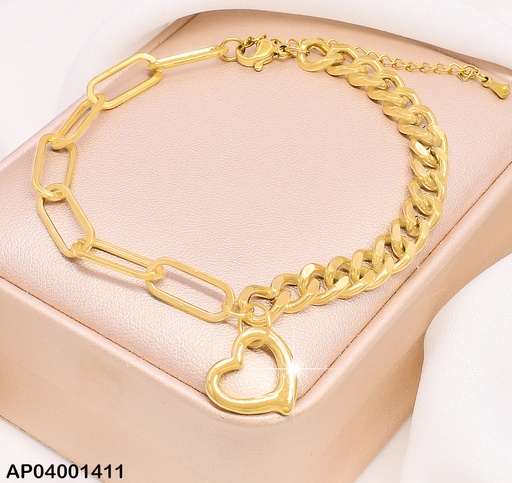 [AP04001411] PULSERA DOR MARTILLADA/CORAZON /ESLABONES LARGOS MOD 001073