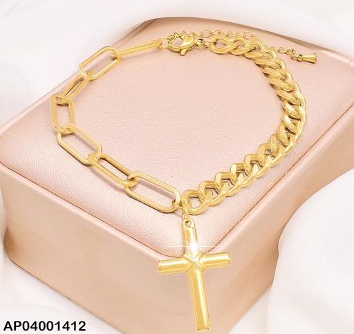 [AP04001412] PULSERA DOR MARTILLADA/CRUZ /ESLABONES LARGOS MOD 001075
