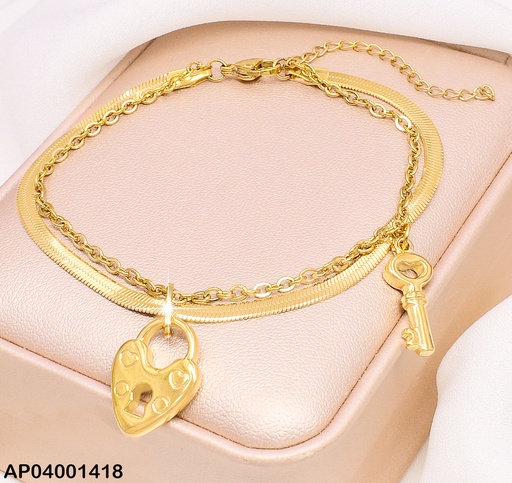 [AP04001418] PULSERA DOR. DOBLE/ CANDADO CORAZON Y LLAVE COLGANTE MOD.001193