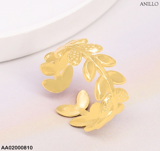 [AA02000810] ANILLO DOR HOJAS LAUREL HORIZONTAL LISAS & PUNTEADAS 1101