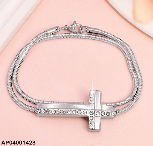 [AP04001423] PULSERA PLAT. COLA DE RATON / CRUZ CON ZIRCONIAS MOD. S7582-59