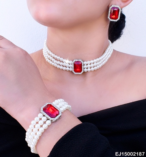 [EJ15002187] SET COLLAR /PULSERA PERLAS Y ARETES  ROJOS SE640-298