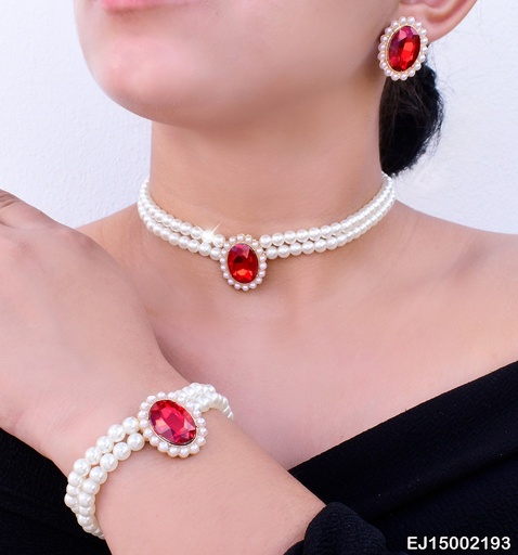 [EJ15002193] SET COLLAR /PULSERA PERLAS Y ARETES  OVALADOS ROJOS SE648-298
