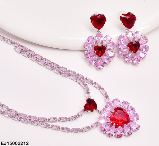 [EJ15002212] SET ZIRCONIAS CORAZONES ROJO EN FLORES ROSAS SE673-299