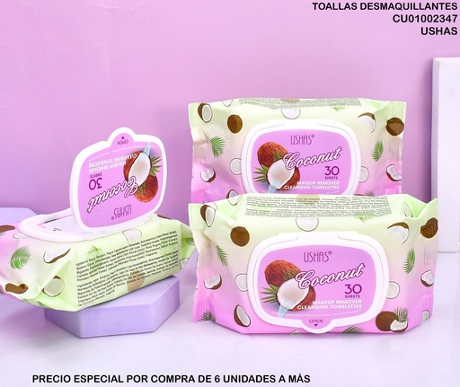 [CU01002347] PAQUETE 30 TOALLAS DESMAQUILLANTES COCO USHAS HA413