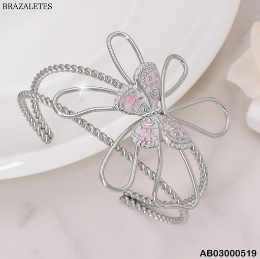 [AB03000519] BRAZALETE PLAT. TORNEADO DOBLE/CROQUI FLOR/MARIPOSA CENTRO BA202-45