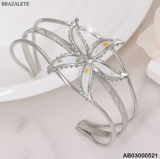 [AB03000521] BRAZALETE PLAT 2 LINEAS LISAS/ 1 LINEA RAYAS/ FLOR PET. BLANCOS/BA204-45