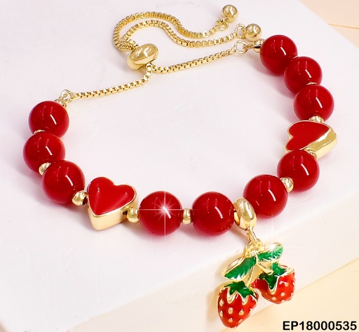 [EP18000535] PULSERA AJUSTABLE PELOTAS-❤️ ROJAS DIJE:FRESAS BE304-9