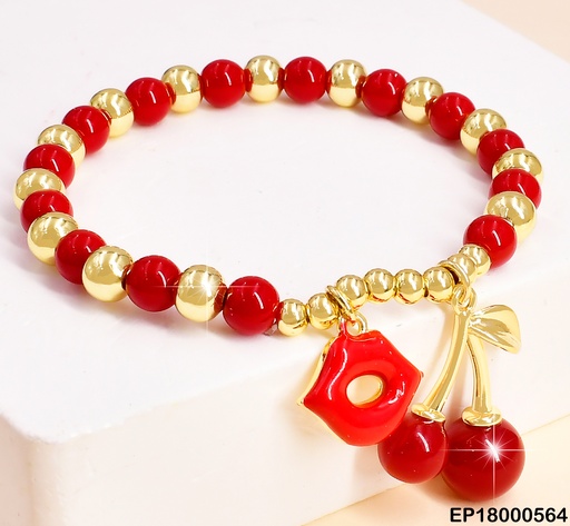 [EP18000564] PULSERA PELOTAS ROJAS C/DOR.DIJES:LABIOS/CEREZAS BE335-294