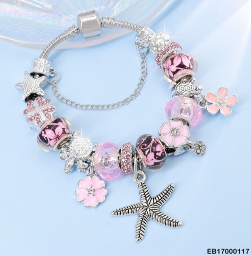 [EB17000117] BRAZALETE PLAT DETALLES ROSADOS/ ESTRELLA/FLORES BE296-5