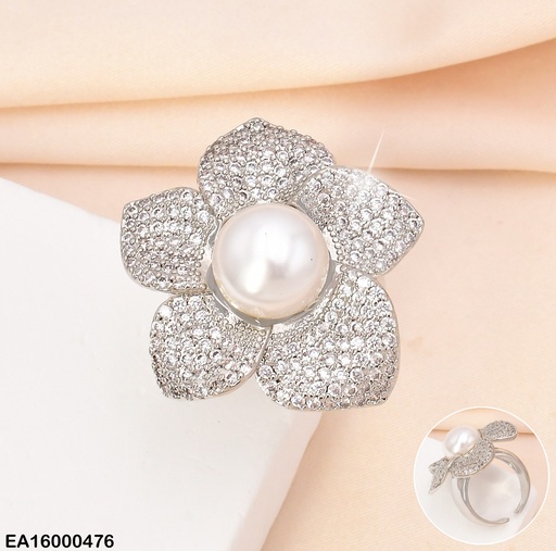 [EA16000476] ANILLO AJUST. PLAT. FLOR 5 PETALOS ZIRC/PERLA CENTRO RE105-268