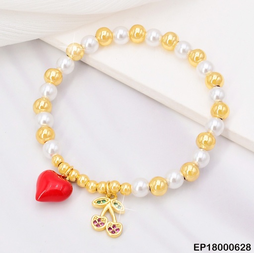 [EP18000628] PULSERA PLAT ESFERAS DOR/PERLAS/CEREZAS ZIRC/CORAZON BE360-294