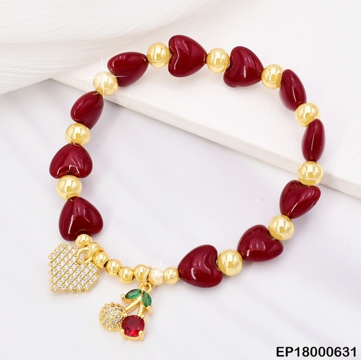 [EP18000631] PULSERA CORAZON ROJO/ ESFERAS DOR/CEREZAS/❤️ZIRC BE382-294