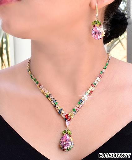 [EJ15002377] JUEGO ZIRCONIA OVALADA ROSADA C/HOJITAS SE685-300