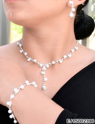 [EJ15002396] SET PLATEADO LINEAS PERLAS/ZIRC/(PULSERA)  SE704-300