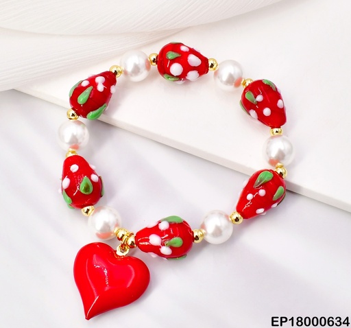 [EP18000634] PULSERA FRESAS/PERLAS DIJE CORAZON ROJO BE422-5