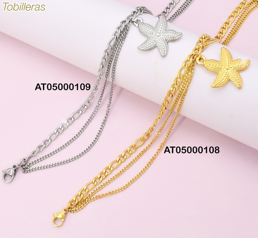 [AT05000109] TOBILLERA PLAT TRIPLE CAD. ESTRELLA COLGANTE AS002-45