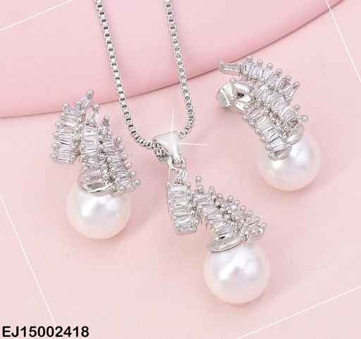 [EJ15002418] SET PLAT (3) FILAS ZIRC / PERLA COLGANTE SE607-9