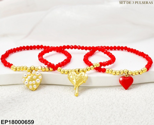 [EP18000659] PAQ. 3 PULSERAS PELOT ROJAS /DORADAS/ CORAZON ROJO/DERRETIDO/ PERLAS BE461-9