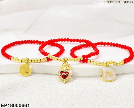 [EP18000661] PAQ. 3 PULSERAS PELOT. ROJAS/DOR/CORAZON/FE BE458-9