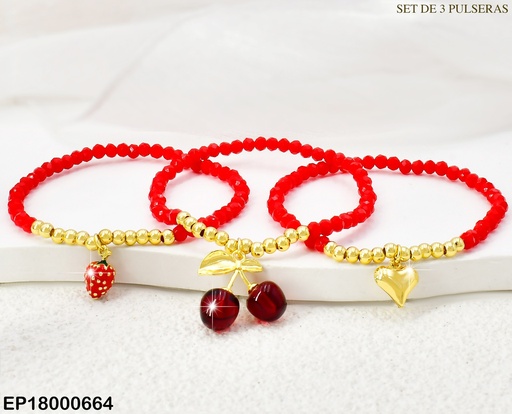 [EP18000664] PAQ.3 PULSERAS PELOT. ROJAS/DOR/FRESA/CORAZON/CEREZAS BE459-9