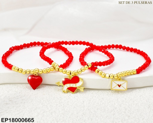[EP18000665] PAQ.3 PULSERAS PELOT. ROJAS/DOR/CORAZON/LOVE/SOBRE BE452-9