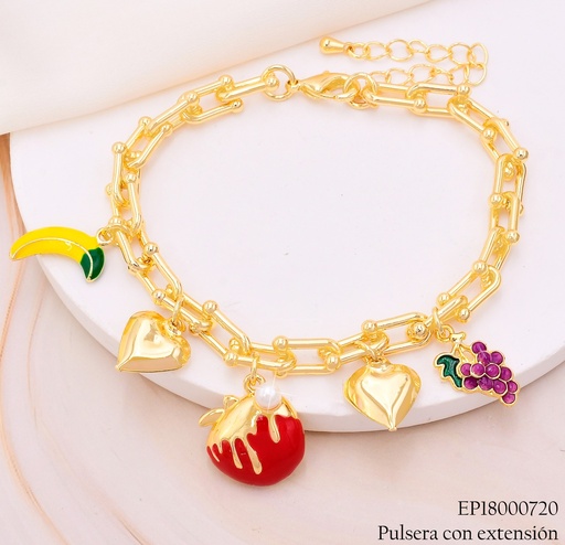 [EP18000720] PULSERA DOR ESLAB. LARGOS BANANA/UVA/CORAZON/MANZANA BE558-9