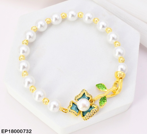 [EP18000732] PULSERA PERLAS DIJE FLOR CENTRO PERLA CON HOJITAS BE732-5 (TLP)