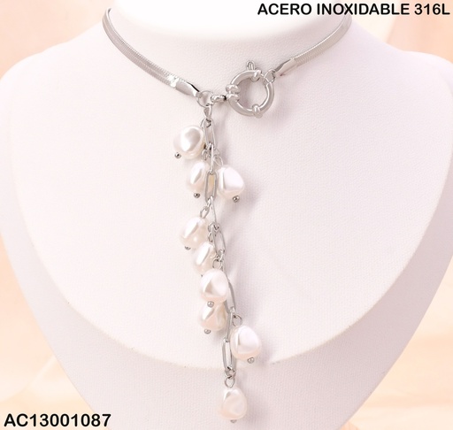 [AC13001087] CADENA PLAT SERPIENTE (9) PERLAS COLGANTES CA388-45