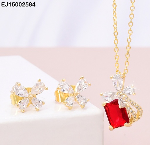 [EJ15002584] SET DOR MARIPOSA CRISTAL/DIJE  🦋 / ZIRC. ROJA RECTANGULAR  SE850-3