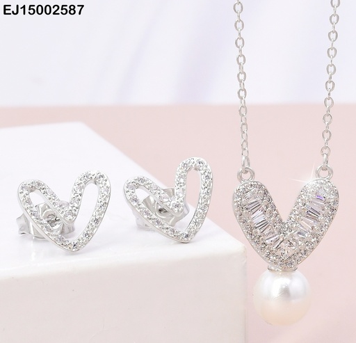 [EJ15002587] SET PLAT CROQUI CORAZON ZIRC/DIJE❤️ ZIRC RECT/PERLA SE855-3