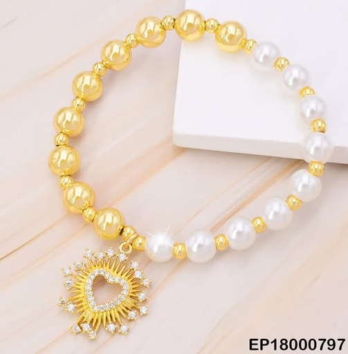 [EP18000797] PULSERA PELOTITAS DOR/PERLAS/CROQUI CORAZON/LINEAS ALREDEDOR BE413-9