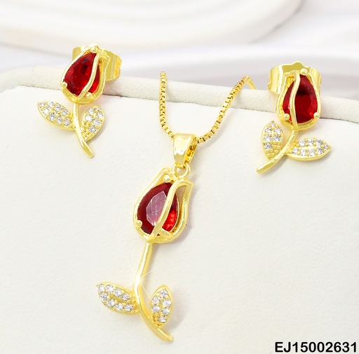 [EJ15002631] SET DOR TULIPAN VERT. ZIRC ROJA/CRISTALES SE1138-104