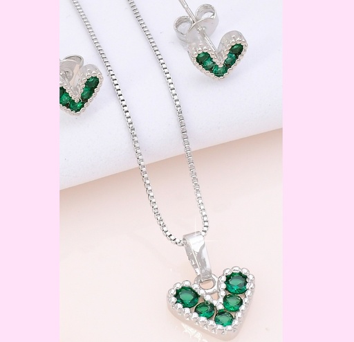 [EJ15002650] SET PLAT.CORAZONES ZIRCONIAS VERDES PQ.SE995-144