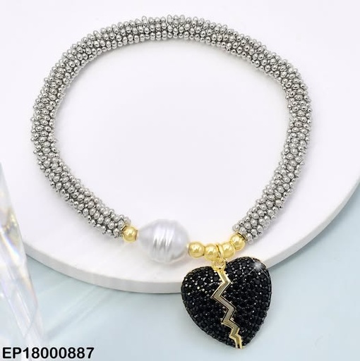 [EP18000887] PULSERA PLAT PELOTITAS/DOR/PERLA/CORAZON ROTO NEGRO BE927-9