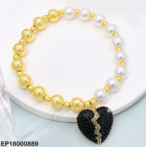 [EP18000889] PULSERA PELOTITAS DOR/PERLAS CORAZON ROTO NEGRO BE933-9