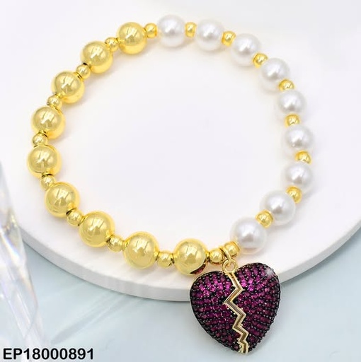 [EP18000891] PULSERA PELOTITAS DOR/PERLAS CORAZON ROTO FUCSIA BE935-9