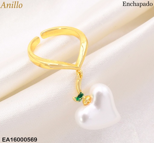 [EA16000569] ANILLO "V" DIJE:CORAZON BLANCO C/HOJITA RE182-9