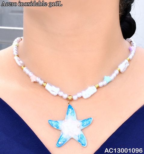 [AC13001096] CADENA PERLA ESTRELLA ESMALTADO BLUE DOR CA454-45