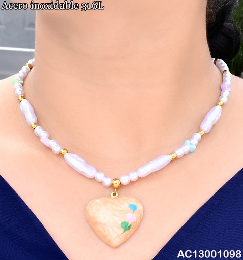 [AC13001098] CADENA PERLA CORAZON ESMALTADO ANARANJADO DOR CA456-45