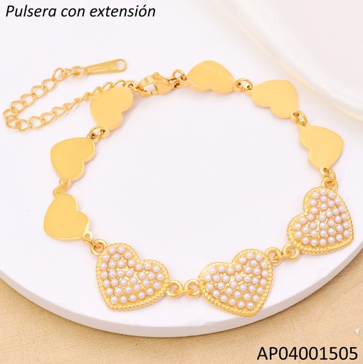 [AP04001505] PULSERA DOR CORAZONES LISOS/PERLAS BA2228-45