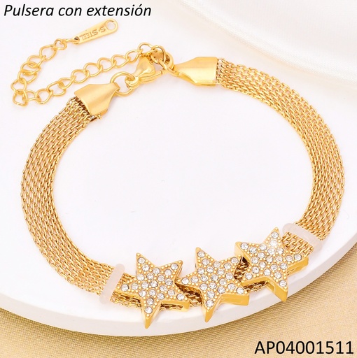 [AP04001511] PULSERA DOR MALLA / 3 ESTRELLAS ZIRC. BA2234-45