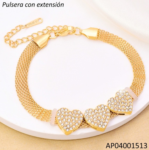 [AP04001513] PULSERA DOR MALLA 3 CORAZONES ZIRC. CENTRO BA2236-45