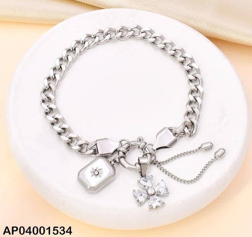 [AP04001534] PULSERA PLAT ESLABON/ FLOR ZIRC/CUADRO PLAT KB204426-SXSJ
