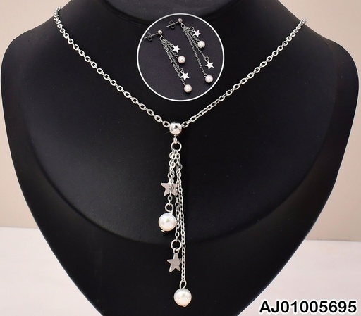 [AJ01005695] SET PLATEADO/ARETES COLGANTES ESTRELLAS/PERLAS KS188665-DL