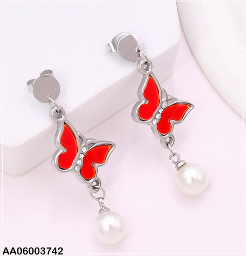 [AA06003742] ARETES PLAT CIRCULO PLAT/MARIPOSA ROJA/ PERLA KE103663-TLA