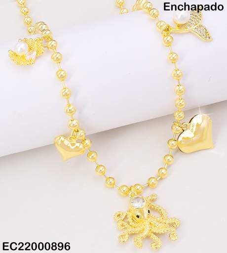 [EC22000896] CADENA PELOTITAS 5 DIJES/PULPO DOR.C/ZIRC CE264-9