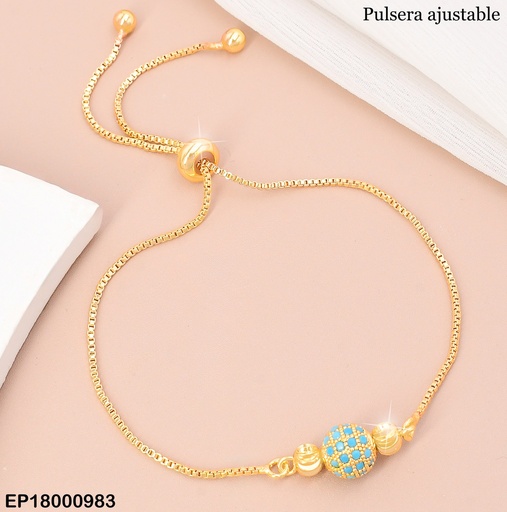 [EP18000983] PULSERA DOR AJUSTABLE PELOTA ZIRC CELESTE/RELIEVE AMBOS LADOS BE780-332